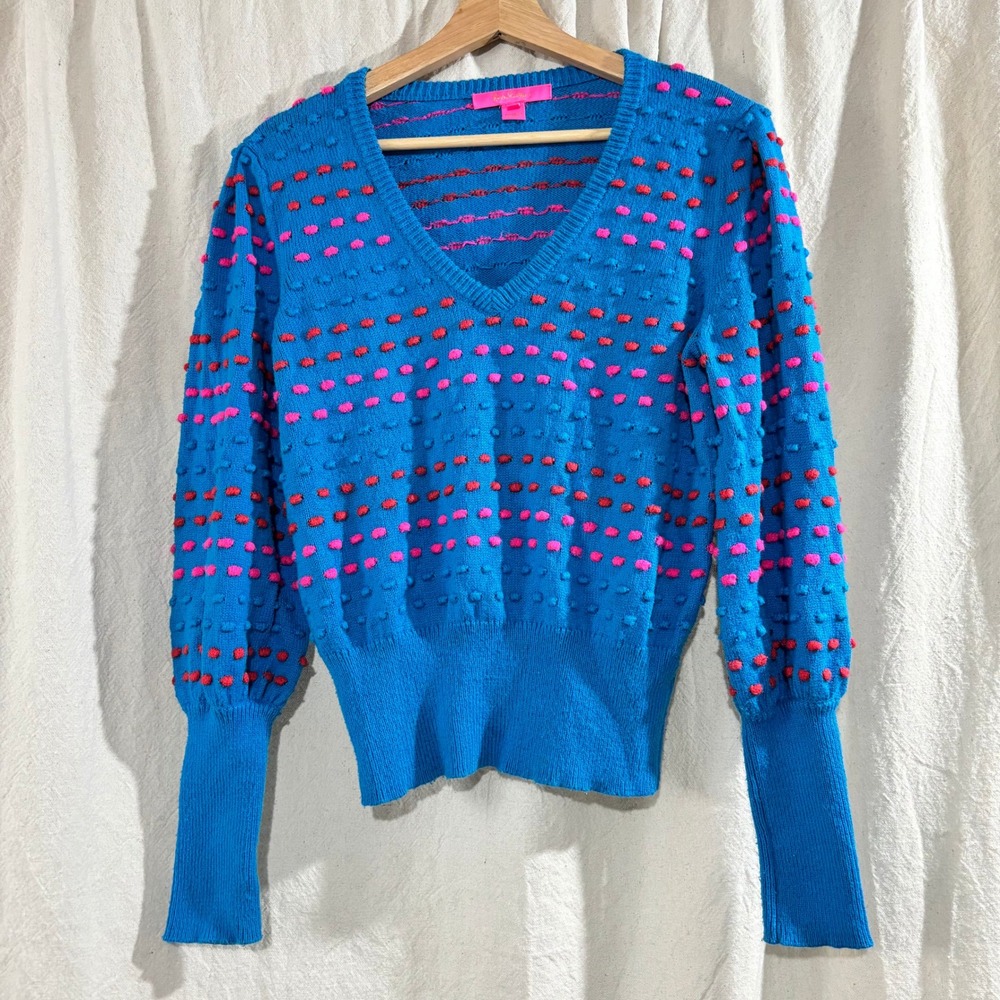Lilly Pulitzer Robena Sweater Blue Pink Red Pom Pom V-Neck Pullover Medium